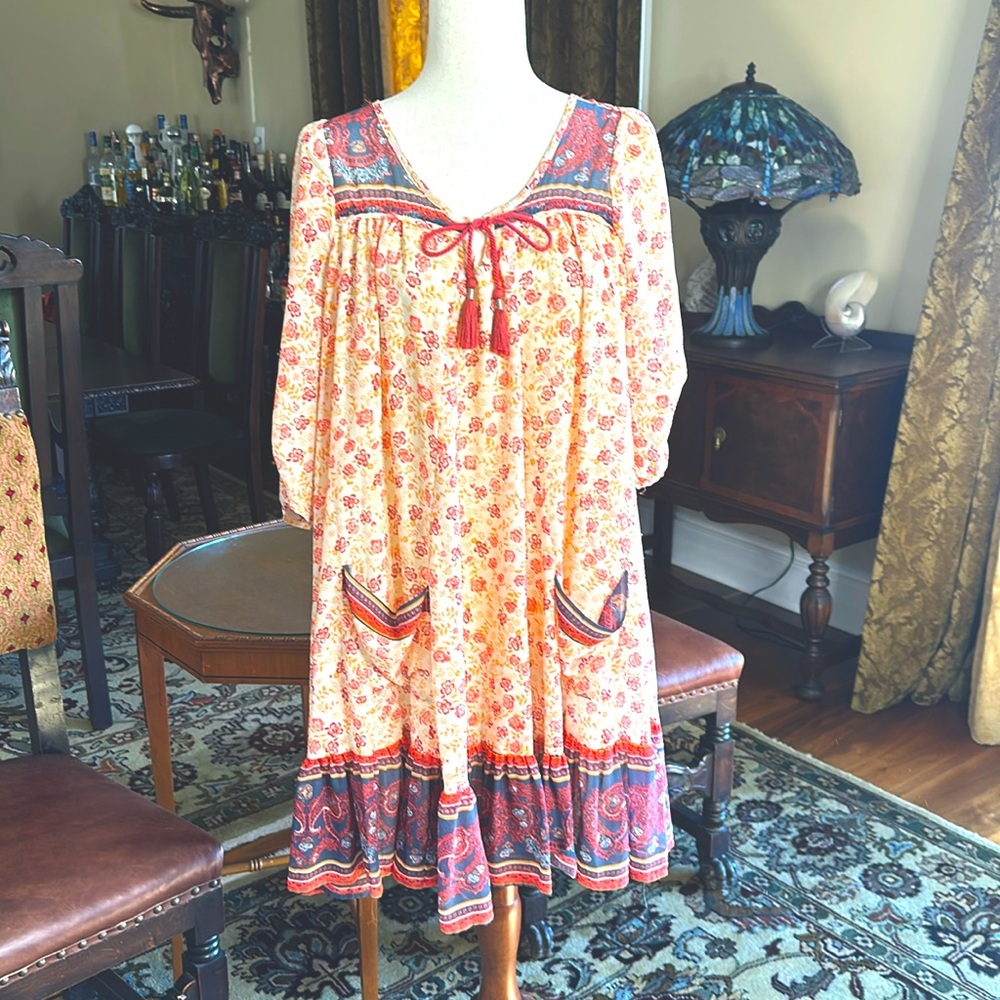 FREE PEOPLE orange and ivory floral printed flowy boho style dress